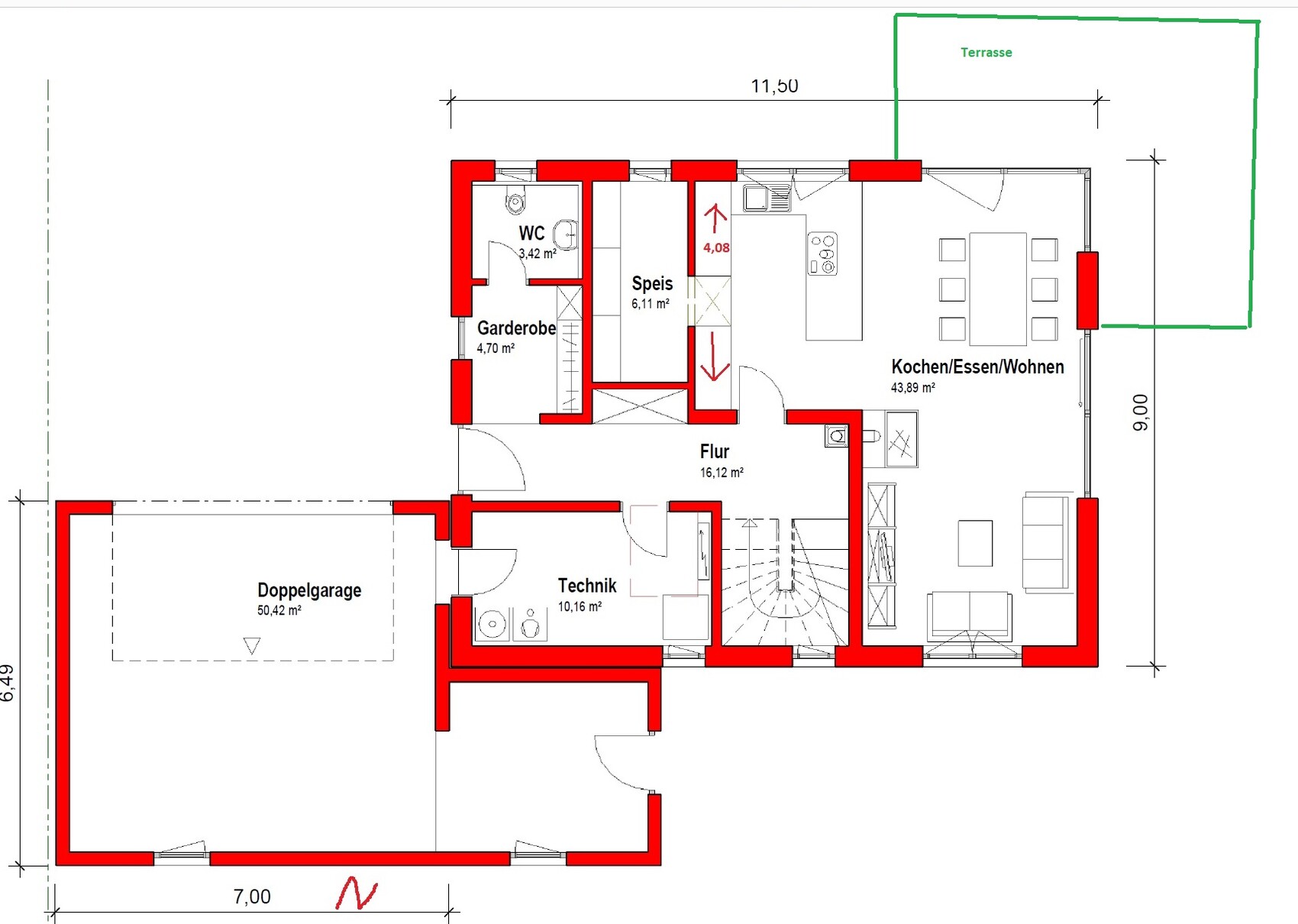 Grundriss eines Hauses: Küche, Essen/Wohnen, Flur, WC, Garderobe, Speis, Technik, Doppelgarage.