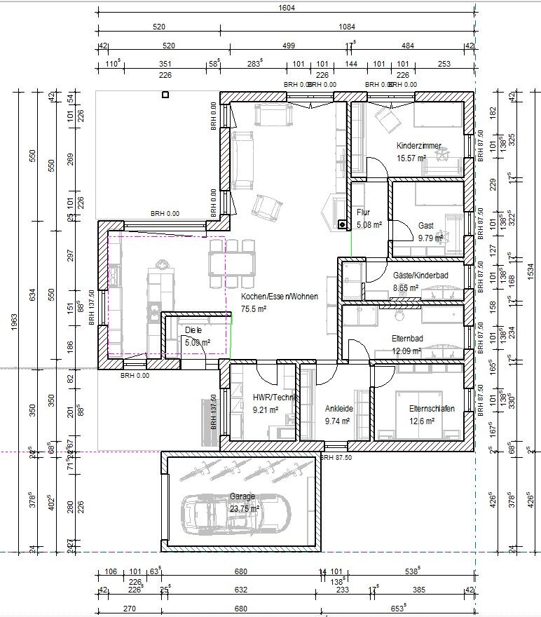Grundriss eines Hauses mit Küche, Wohnzimmer, Flur, Eltern- und Kinderzimmer, Bad und Garage.