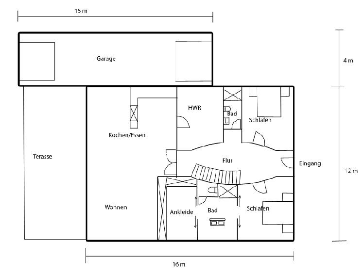Grundriss eines Einfamilienhauses mit Wohnzimmer, Küche, Bad, Flur, Schlafzimmern, Terrasse und Garage