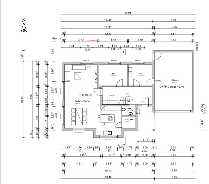 Grundriss eines Einfamilienhauses mit Wohnen/Kochen, Flur, Garage, Gym, Abstellraum und WC.
