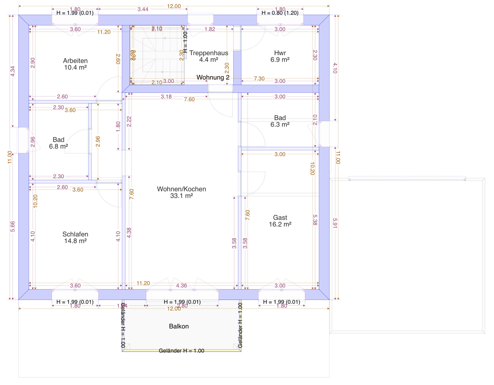 Grundriss eines Apartments: Wohnen/Kochen, Schlafen, Bad, Gast, Balkon, Treppenhaus.