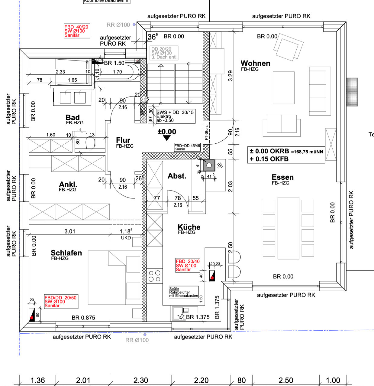 Grundriss eines Wohn- und Essbereichs mit Küche, Flur, Bad, Schlaf- und Ankleidezimmer.