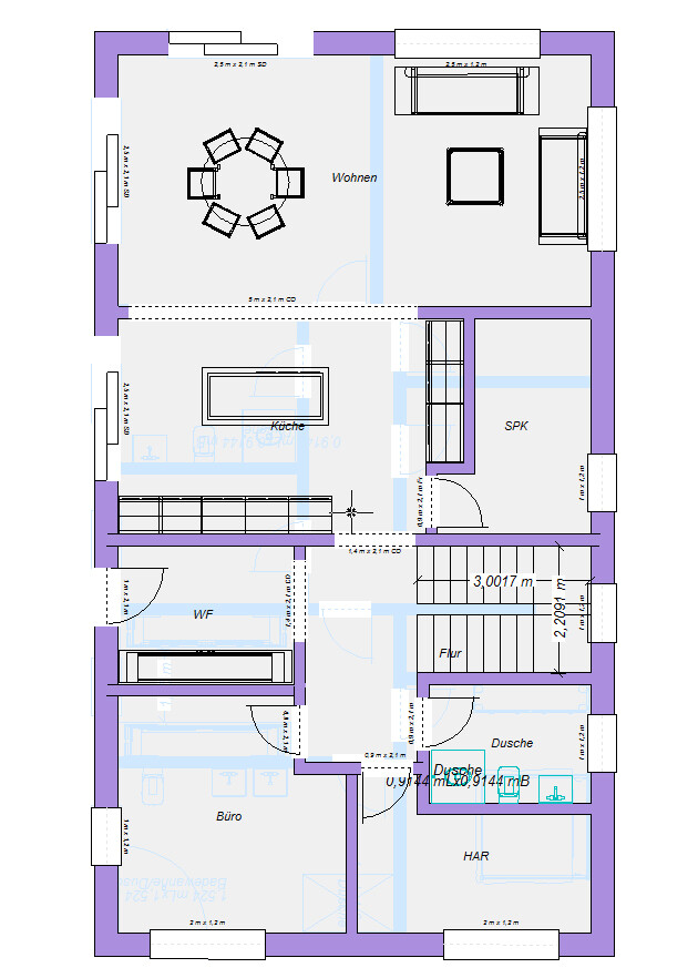 Grundriss eines Hauses mit Wohnen, Küche, Büro, HAR, SPK, Dusche, Flur.