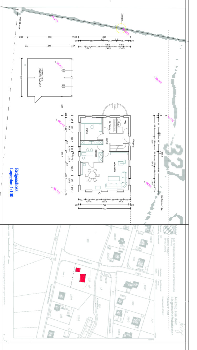 2D-Grundriss eines Hauses mit Wohnzimmer, Küche, Bad und Diele sowie Lageplan