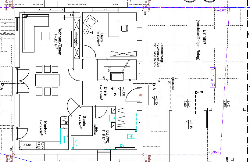 2D-Grundriss eines Hauses mit Wohnen/Essen, Küche, Schlafzimmer und Bad.
