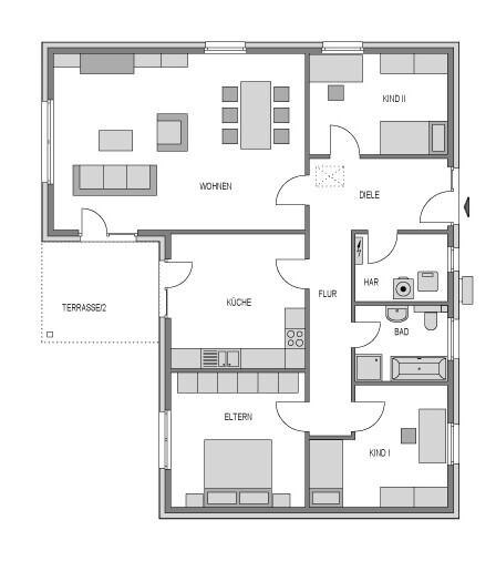 Grundriss eines Hauses: Wohnzimmer, Küche, Eltern- und Kinderzimmer, Bad, Flur, Terrasse.