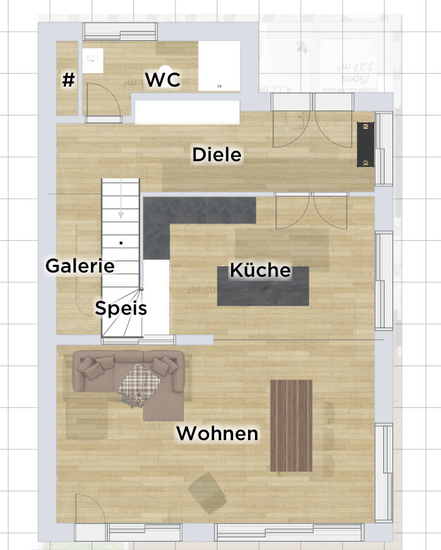Grundriss eines Wohnraums: Wohnzimmer, Küche mit Insel, Diele, WC, Galerie, Speis.