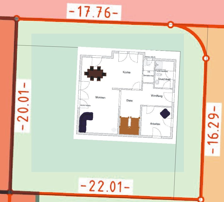 2D-Haus-Grundriss mit Küche, Wohnen, Diele und Duschbad, Grundstücksplan