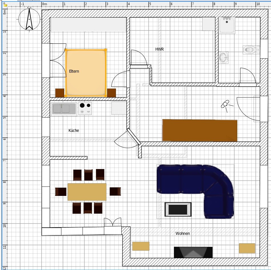 Grundrissplan eines Hauses mit Küche, Wohnzimmer und Elternzimmer