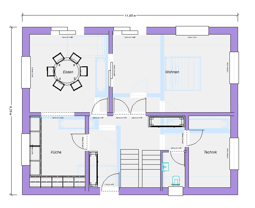 Grundriss eines Hauses: Küche, Essen, Wohnen und Technik mit Treppenhaus.