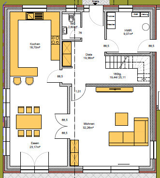 Grundriss eines Einfamilienhauses mit Küche, Essbereich und Wohnzimmer.