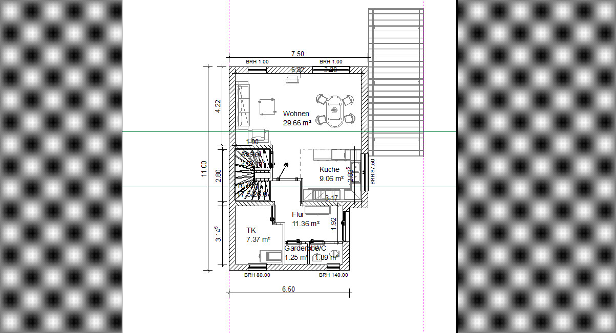 Grundriss eines Hauses: Wohnzimmer 29,66 m², Küche 9,06 m², Flur 11,36 m², Treppe, Balkon.