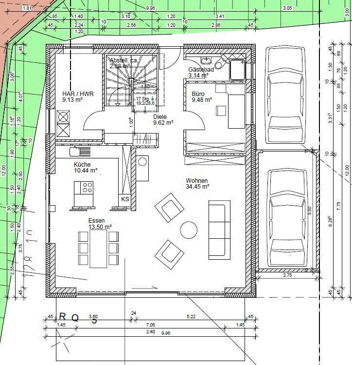 Hausgrundriss mit offenem Wohnbereich, Küche, Essbereich und Garage.