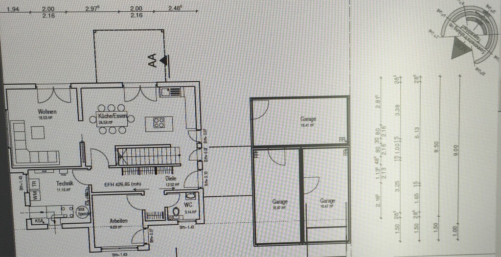 2D Grundrissplan eines Hauses mit Wohnzimmer, Küche, Diele, WC und Garage