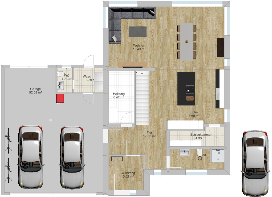 2D-Grundriss eines Hauses mit Wohnzimmer, Küche, Bad, Speisekammer und Garage