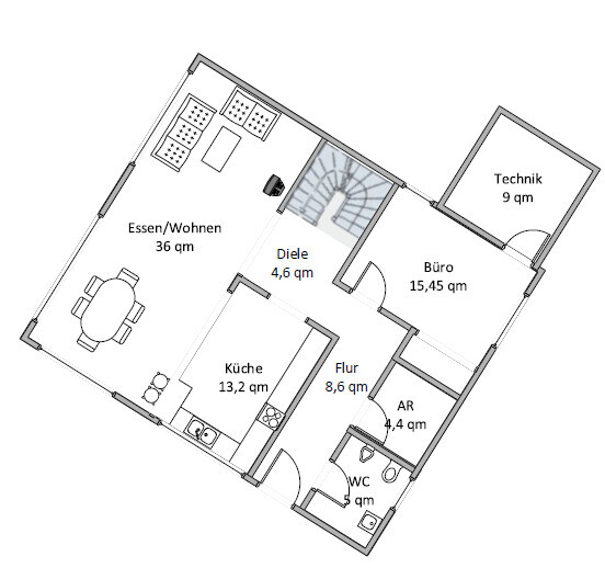 Grundriss eines Hauses mit Wohnzimmer, Küche, Flur, Technikraum und WC