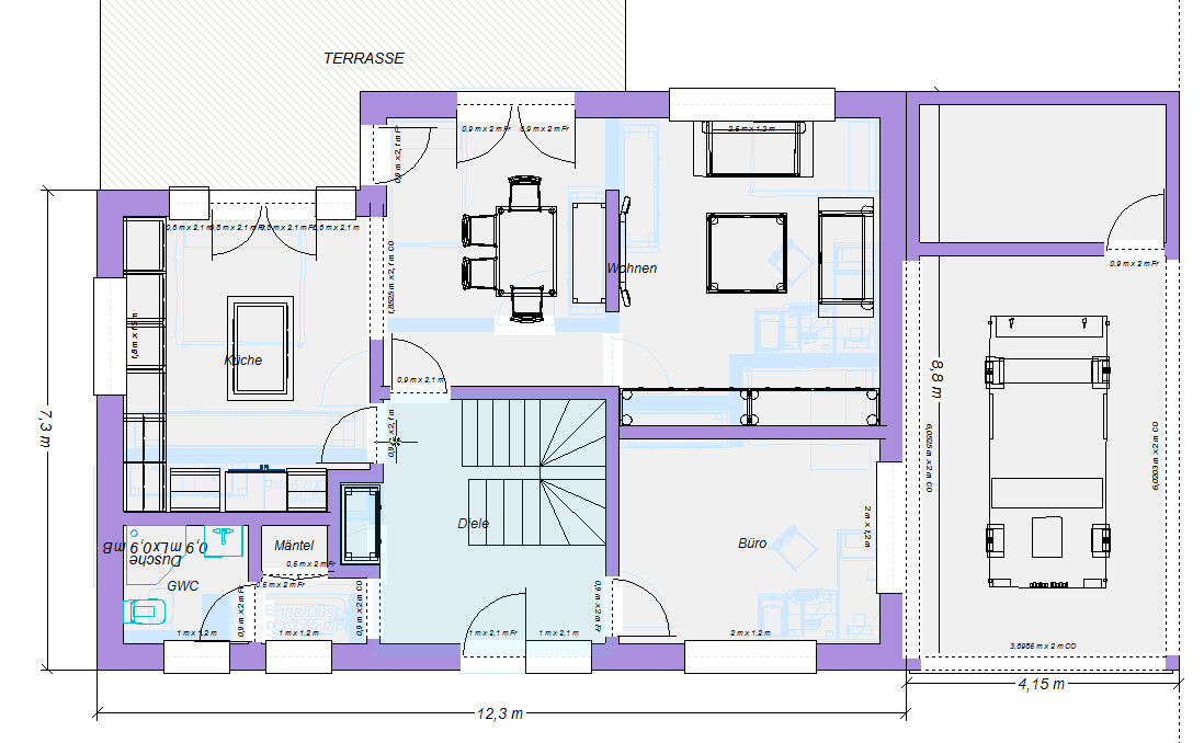 Grundriss eines Hauses mit Küche, Wohnzimmer, Büro, Diele, Terrasse und Garage.