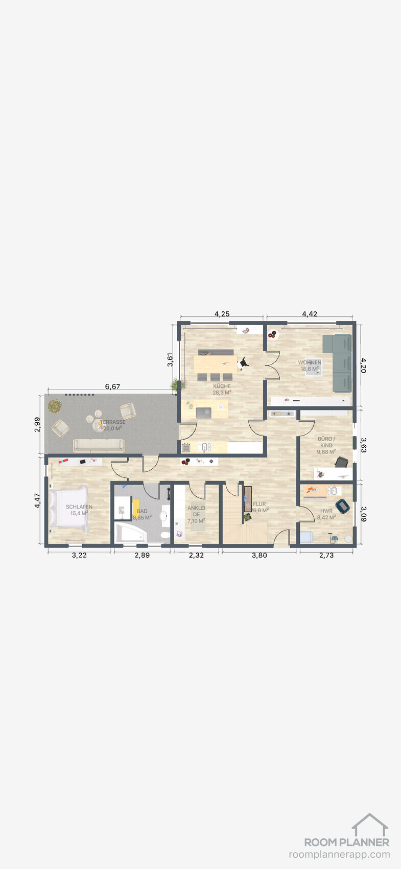 Grundriss eines Hauses: Küche, Wohnen, Terrasse, Schlafzimmer, Bad, Ankleide, Flur, Büro/Kind, HWR