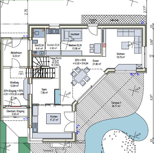 Grundriss eines Hauses mit Zimmern, Küche, Wohnzimmer, Essbereich, Terrasse und Garten mit Pool.