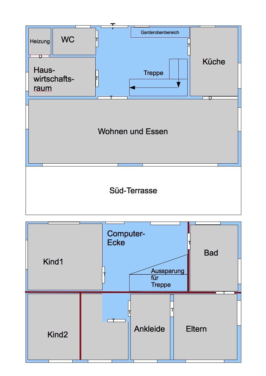 Zwei-geschossiger Hausgrundriss mit Wohnzimmer, Küche, Bad, Schlafzimmern und Südterrasse