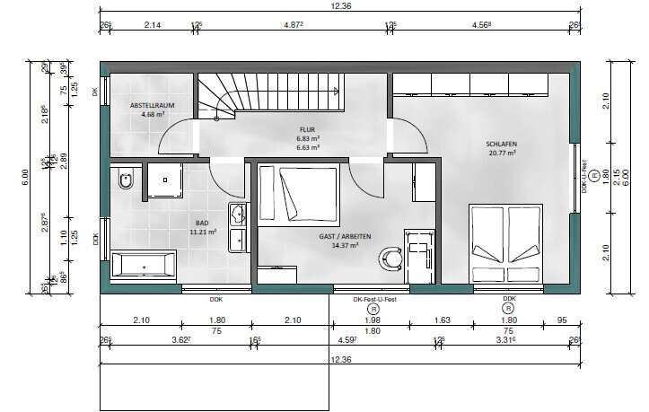 Grundriss eines Wohnplans: Flur, Schlafen, Gast/Arbeiten, Bad, Abstellraum, Treppe