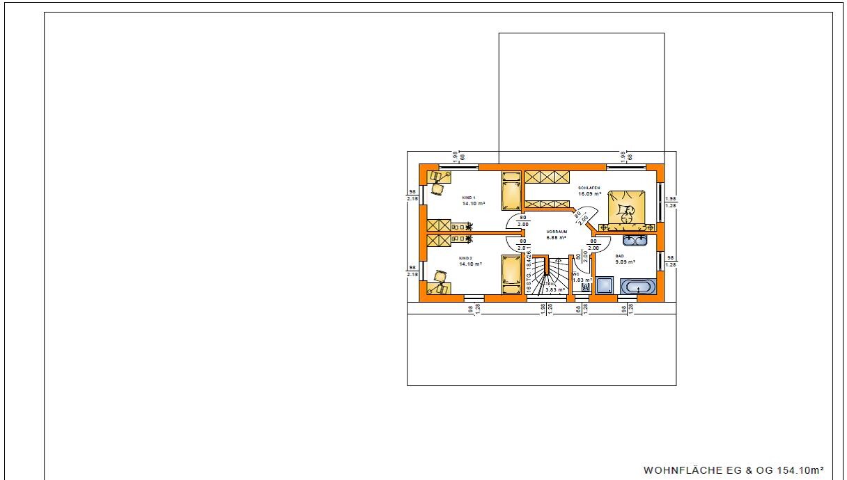 2D Grundrissplan eines Hauses mit Schlafzimmern, Bad, Flur und Treppen