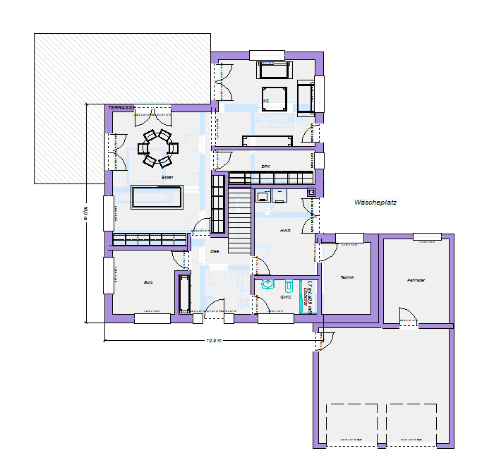 Grundriss eines Wohnhauses: mehrere Räume, Treppe, Terrasse, Waschenplatz und Garage.