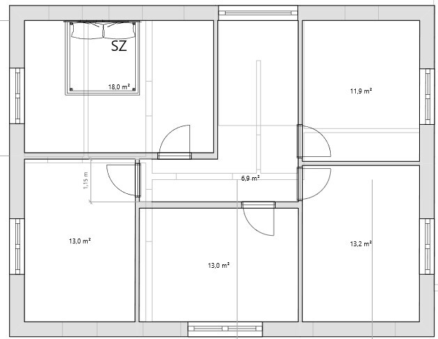 2D Grundriss eines Wohnhauses mit Schlafzimmern, Fluren und Wohnzimmer