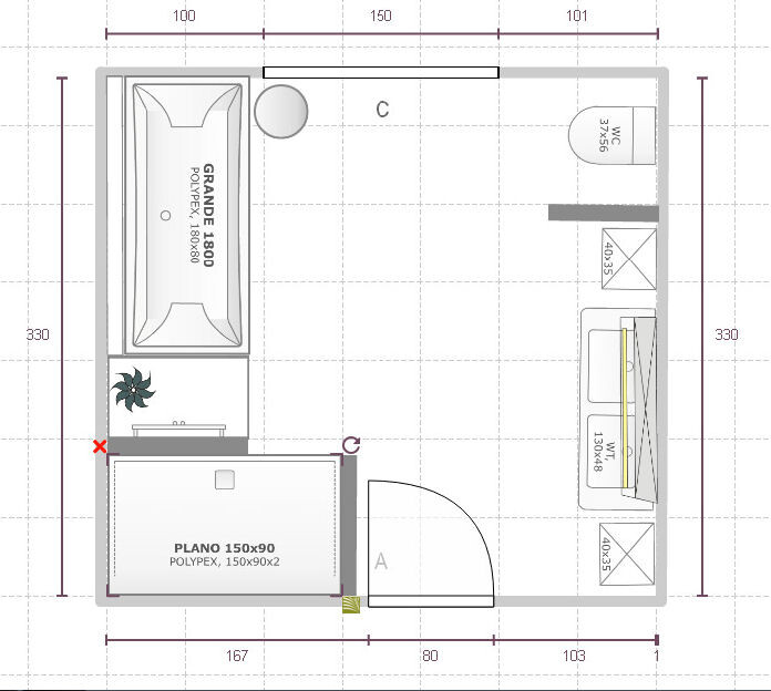 Grundriss eines Wohnraums: Bett links, WC rechts, Tür unten, Sofa rechts, Pflanze links.