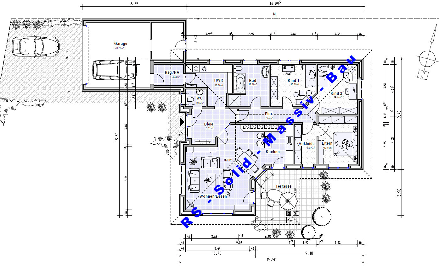 Grundrissplan eines Wohnhauses mit Garage, Terrasse, Küche und Schlafzimmer