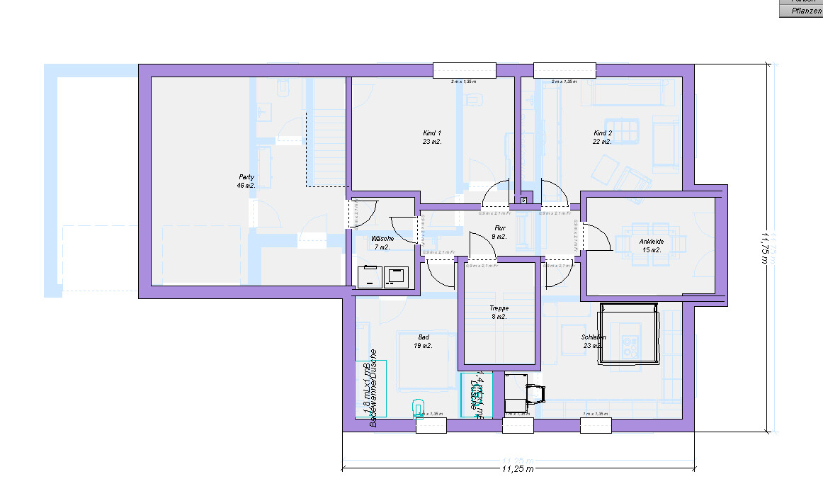 Grundriss eines Hauses mit Flur, Treppe, Bad, Küche, Kinderzimmer, Ankleide und Schlafzimmer.