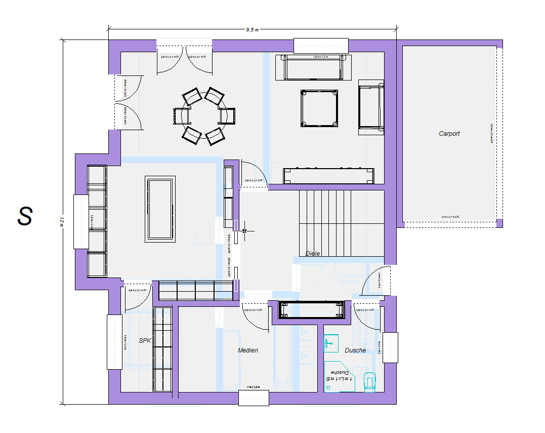 Grundriss eines Hauses: Wohnzimmer, Essbereich, Küche, Dusche, Medien, Diele, Carport