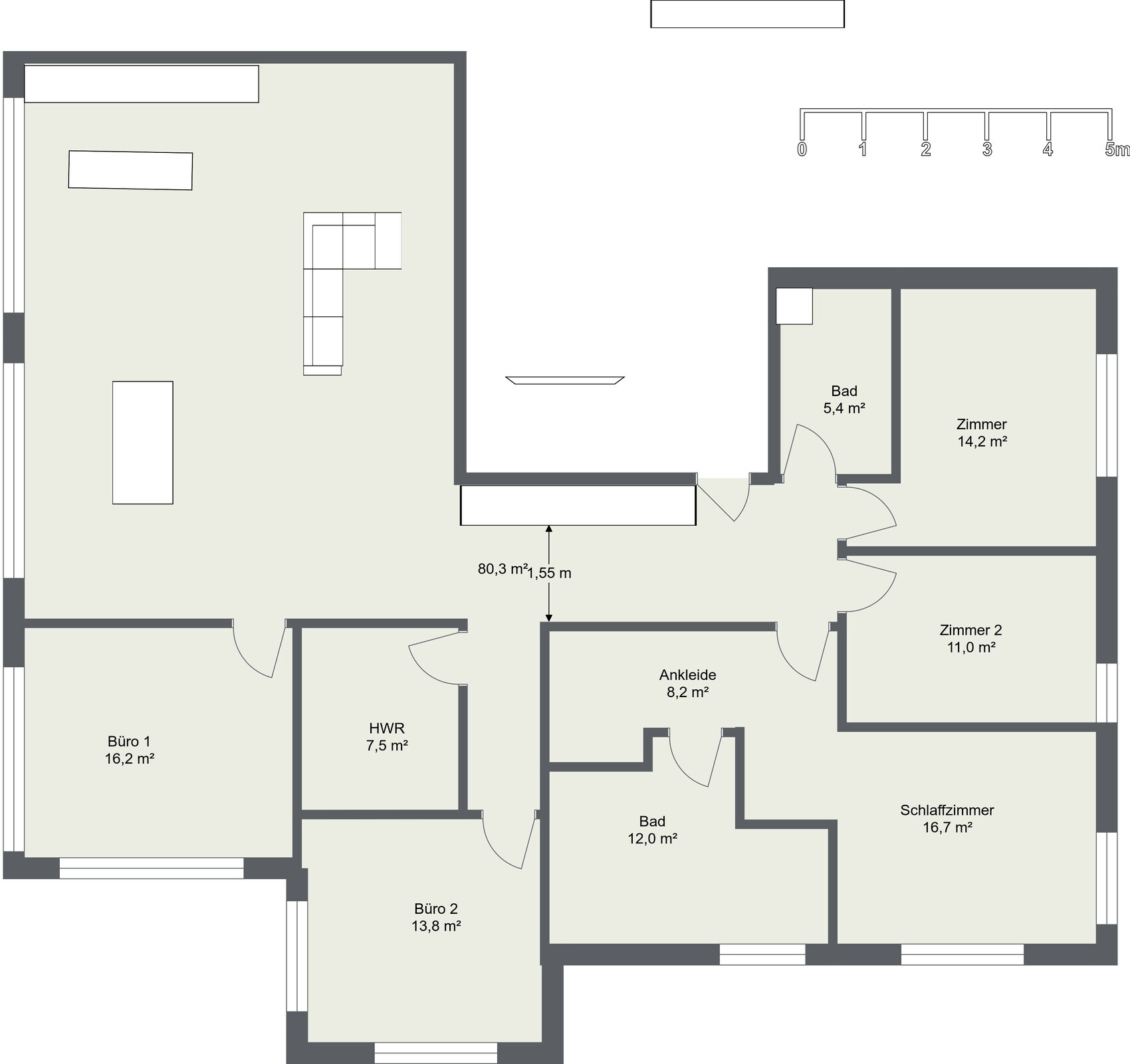 Grundriss eines Hauses mit mehreren Zimmern, Büros, Bad und Ankleide