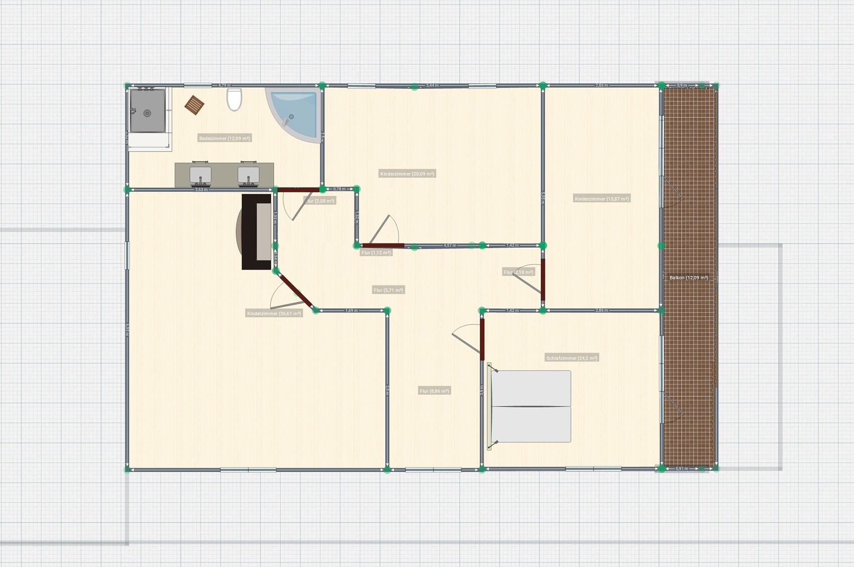 2D-Grundriss eines Einfamilienhauses mit Schlafzimmern, Badezimmer, Fluren und Balkon