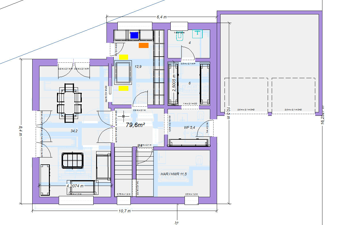 Grundriss eines Einfamilienhauses: Wohnzimmer, Küche, Bad, Schlafzimmer, Treppe und Garage.