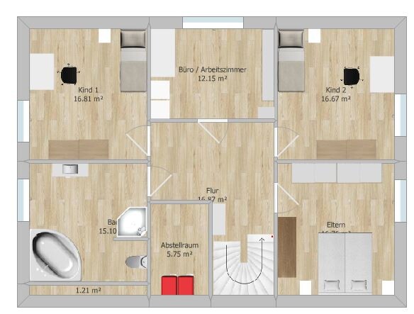 2D-Grundriss eines Einfamilienhauses mit Flur, Bad, Abstellraum