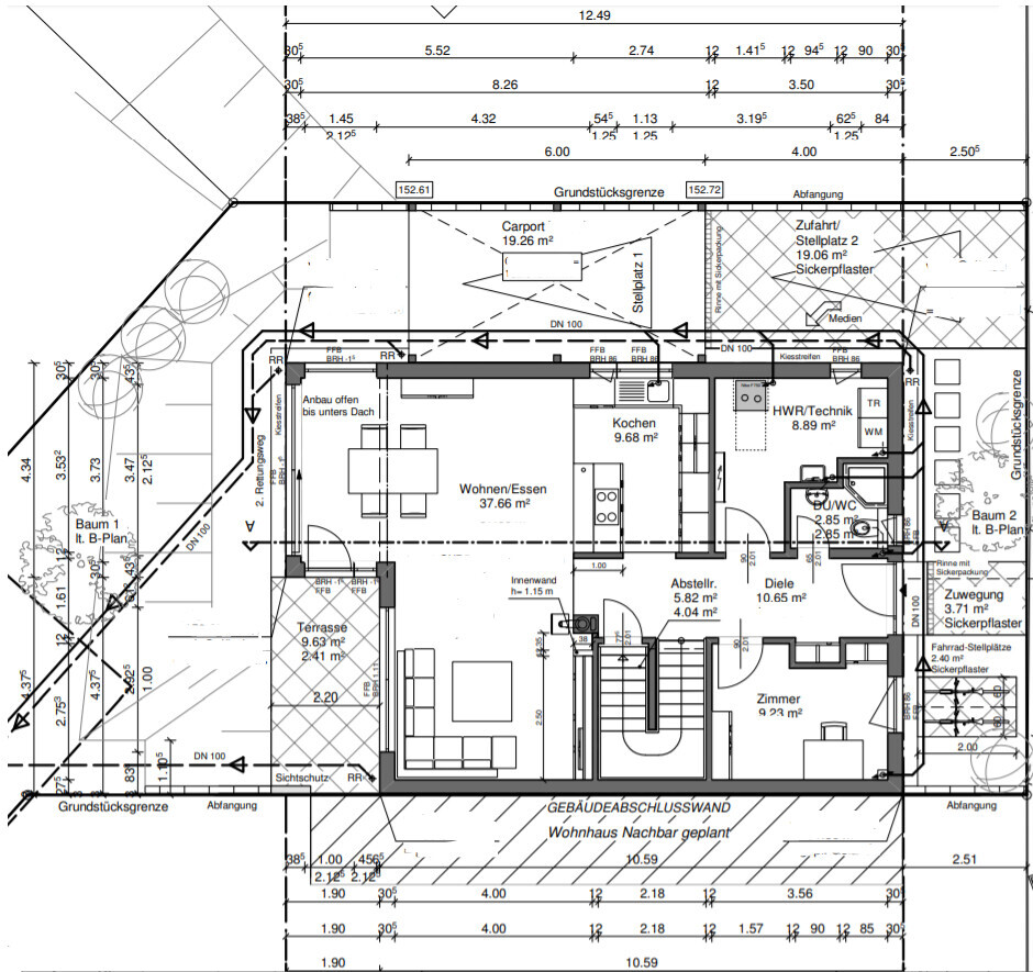 2D-Grundriss eines Einfamilienhauses mit Terrasse, Wohnzimmer, Küche und Schlafzimmer.