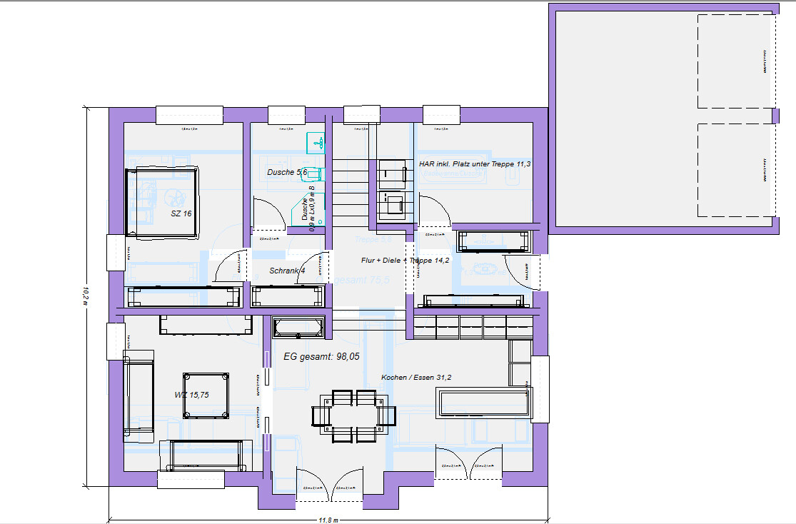 Grundriss EG eines Hauses: Küche/Essen, Wohnzimmer, Bad, Flur, Treppenhaus.