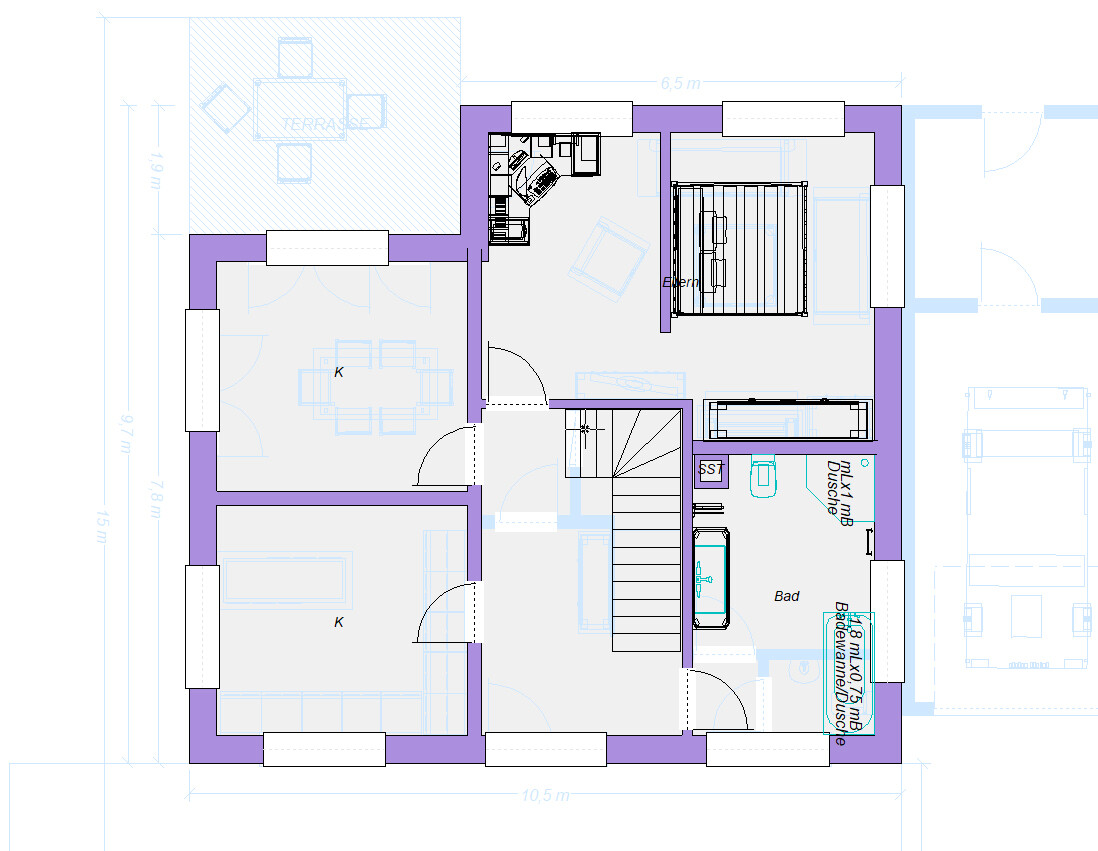 Grundriss eines Hauses mit Küche, Bad, zwei Schlafzimmern, Wohnzimmer, Treppe und Terrasse.