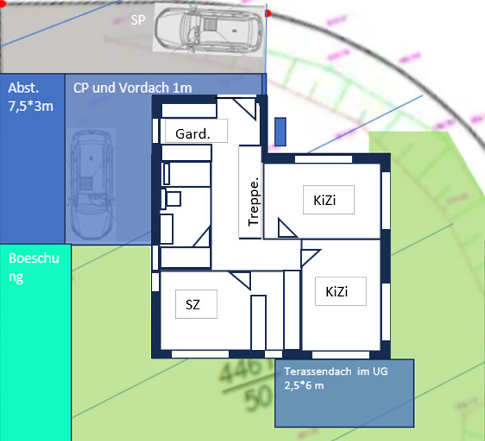Grundriss eines Hauses mit Garderobe, Treppe, zwei KiZi und SZ sowie Terrasse.