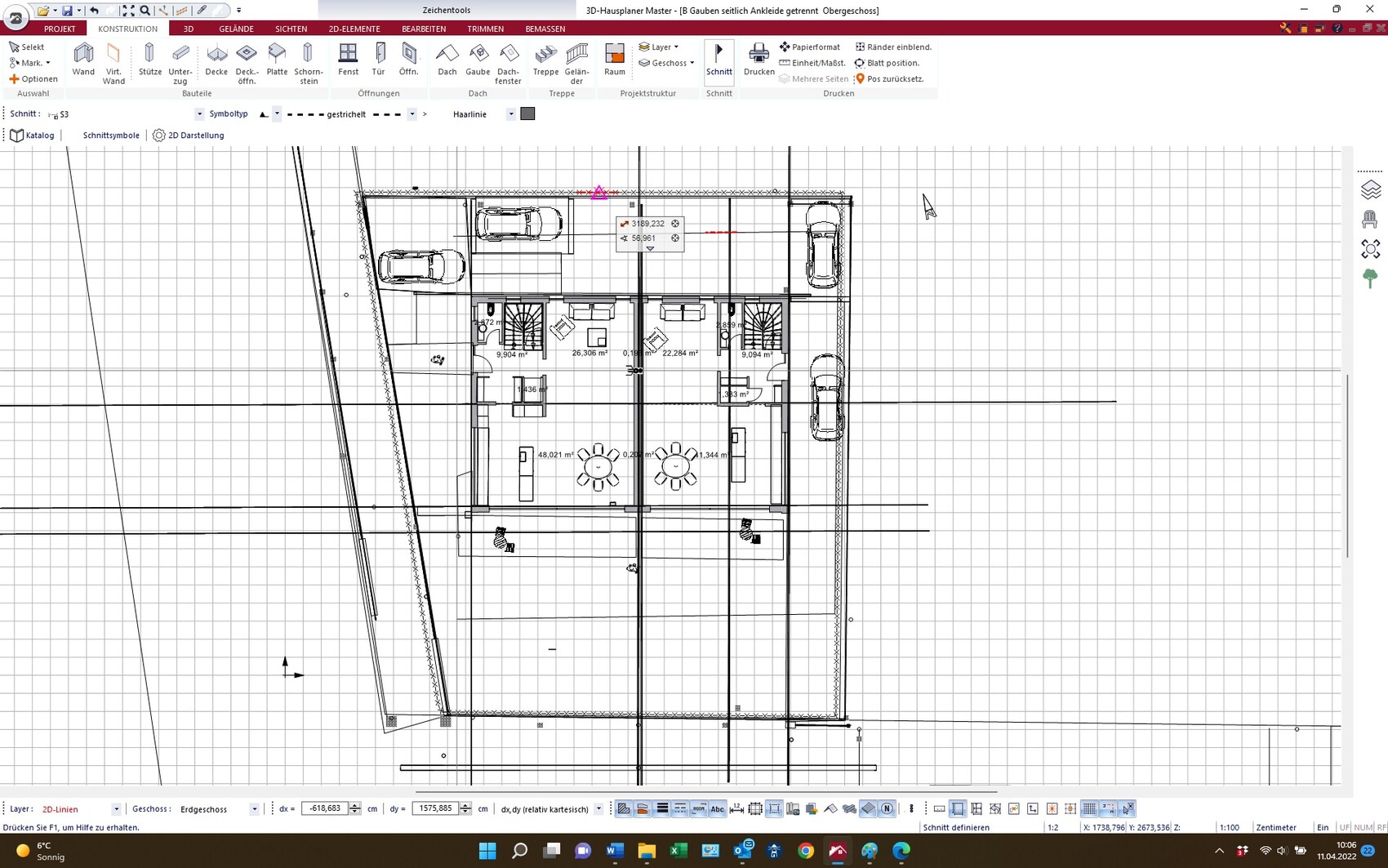 Architektur-Grundriss eines Gebäudes mit Innenräumen, Möbeln und geparkten Autos.