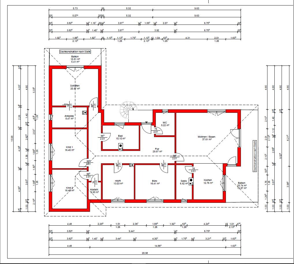 Grundriss eines Hauses mit roten Außenwänden; Wohnzimmer, Küche, Bad, Flur, Schlafraum, Balkon.