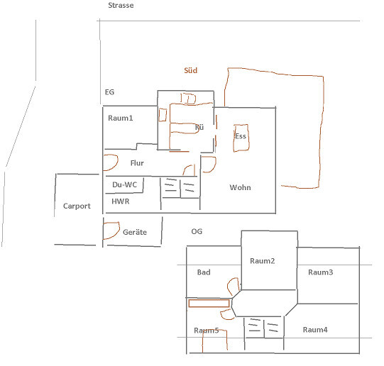 Zweigeschossiger Grundriss: EG mit Carport, Flur, Küche, Wohnen; OG mit 4 Räume, Bad; Terrasse.