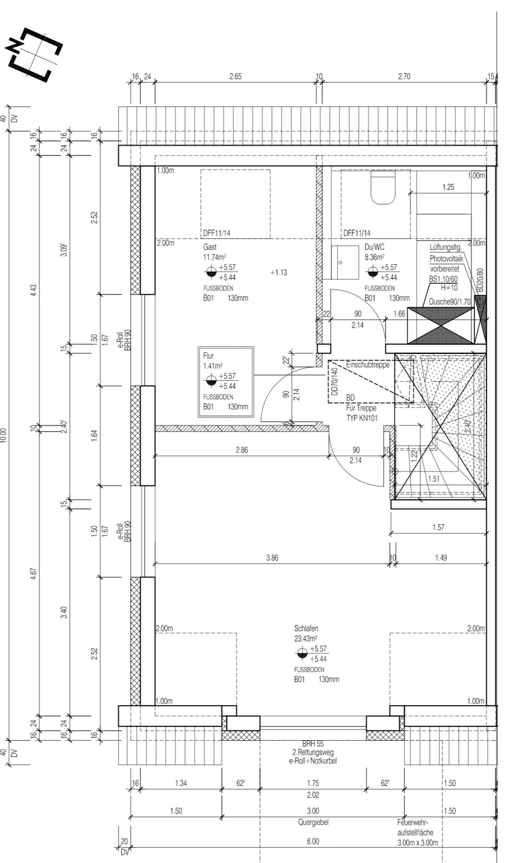 Detaillierter 2D-Hausgrundriss mit Schlafzimmer, Flur und Bad inklusive Maßen