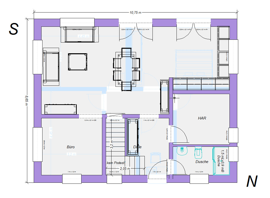 Detaillierter Hausgrundriss mit Wohnzimmer, Büro, Bad, Flur, Treppen und Haustechnik