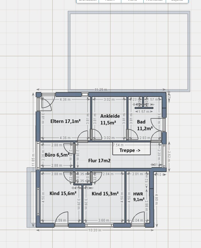 Grundrisszeichnung eines Hauses mit Zimmern, Flur und Treppen