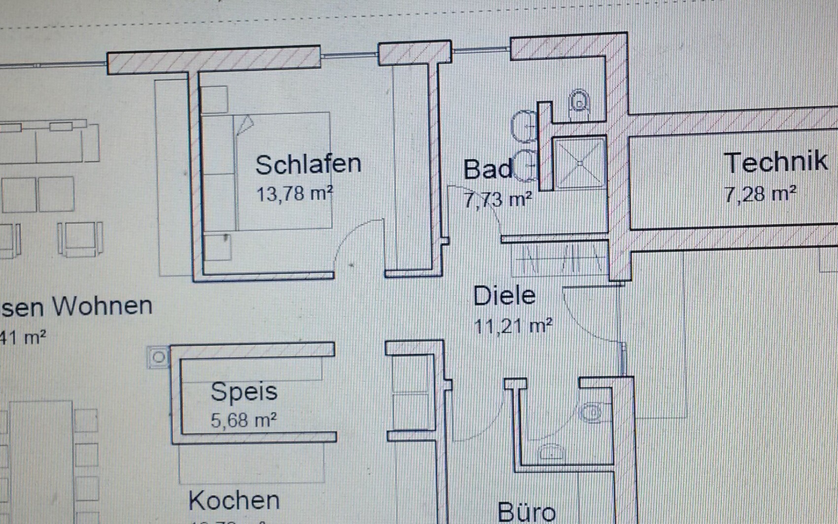2D-Grundriss eines Wohnhauses mit Schlafzimmer, Bad, Diele und Technikraum