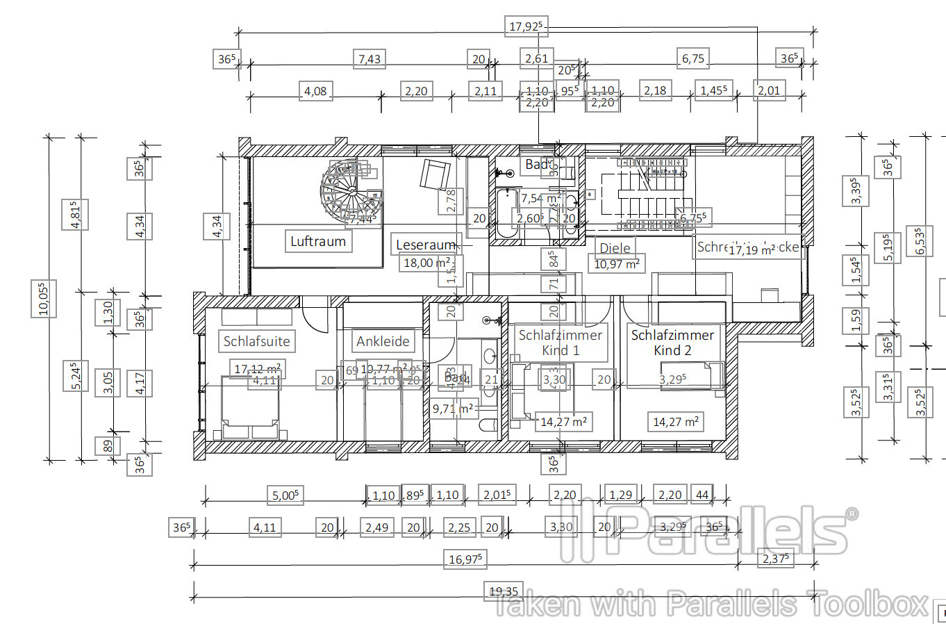 2D-Hausgrundriss mit Schlafzimmer, Kinderzimmer, Diele und Bad