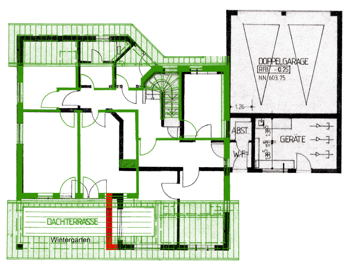 Grundriss eines Hauses mit Dachterrasse, Wintergarten, mehreren Zimmern und Garage.