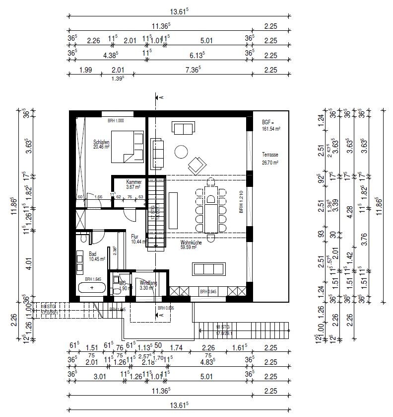Grundriss eines Hauses mit Wohnküche, Schlafzimmer, Bad, Flur und Terrasse.